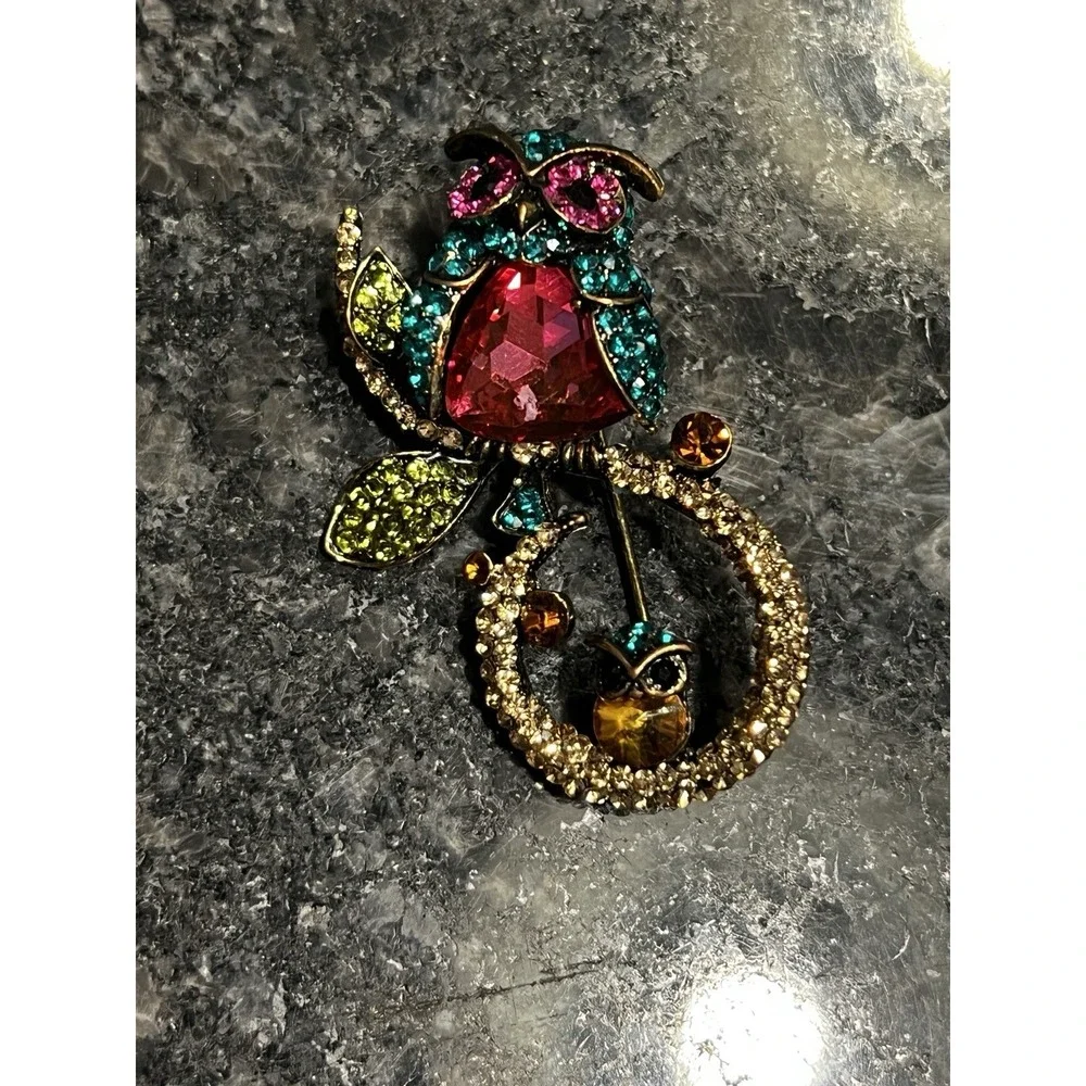 Vtg Owl Mommy Baby Brooch Rhinestones Lapel Bird Pin Whimsical Fashion Jewelry